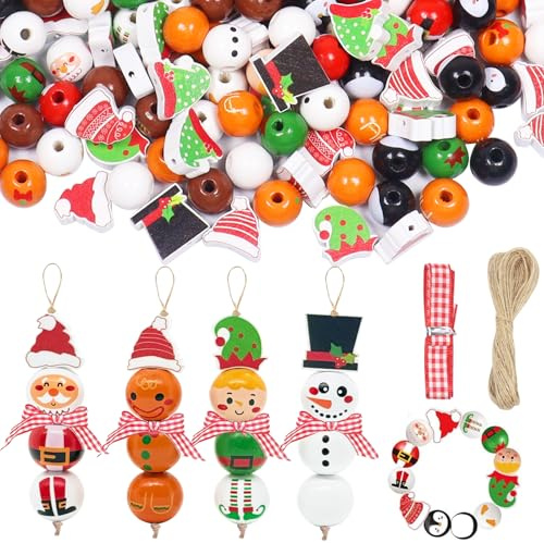 144Stück Holzperlen Weihnachten Set,Basteln Weihnachten Holz weihnachtsperlen Bastelset Holzkugeln mit Gesicht DIY Weihnachtsdeko Schneemann Weihnachtsmann Clown Elfen Holzkugeln Weihnachts Anhänger