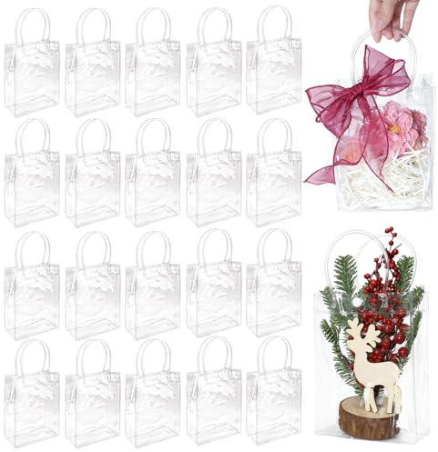 42 sacs cadeaux transparents en plastique avec poignées, 15 x 20 x 7 cm, mini sacs fourre-tout transparents, sacs en plastique PVC en vrac avec poignées pour cadeaux, mariages, anniversaires