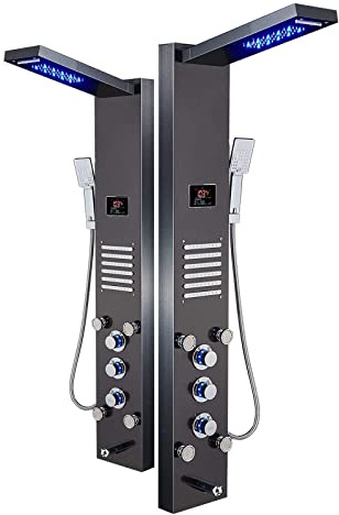 SnamicE Système de douche, système de douche numérique, cascade, pommeau de douche, système de massage de pluie avec jets corporels, en acier inoxydable, panneau de douche de salle de bain, système de