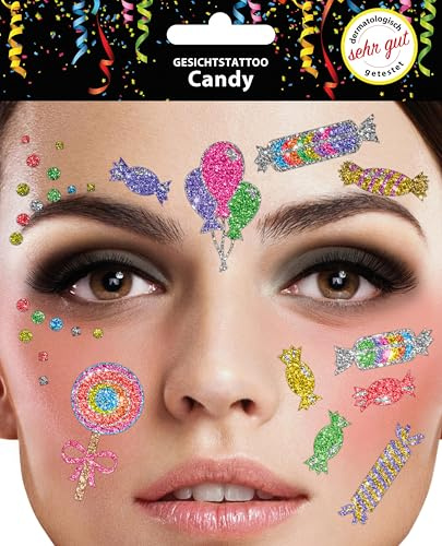 Trendandstylez Glitzer Gesichtstattoo Set – 30 Designs | Face Tattoo | Dermatologisch getestet | Karneval, Festival, Halloween, Fasching & Party Make Up Aufkleber (Candy)