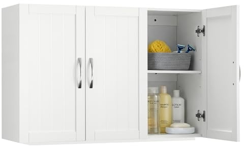 Sweetcrispy Hängeschrank Badezimmer, schmaler Wand-Organizer mit verstellbaren Regalböden, für Bad/Küche/Waschraum/Flur, Weiß, 90x30x60cm