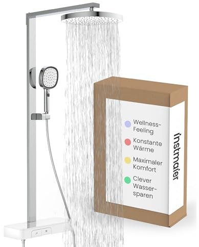 instmaier Cleo | Regendusche | Thermostat | große Kopfbrause | Chrom/Weiß | Überkopfbrauseset mit Duschthermostat | Duschgarnitur | Duschpaneel Armatur | Duschgarnitur | Duschsystem höhenverstellbar