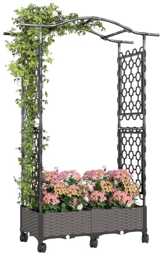 Outsunny Raised Garden Bed with Arch Trellis, Outdoor Planter Box on Wheels | Raised Bed for Garden, Side Trellis, Self Watering, Drainage Holes, Drain Plugs, for Climbing Plants, Flowers, Herbs