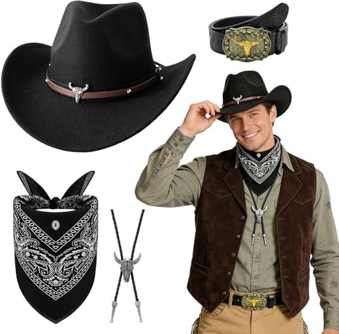 Beamely Costume da cowboy, set di accessori per costume da cowboy, 4 pezzi, set di abbigliamento western con cappello marrone, bandana, cintura, collana bolo per uomo cosplay party