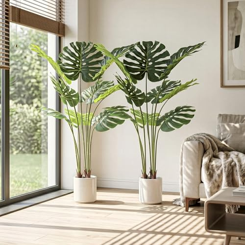 BEAUTYPEAK Künstliche Pflanze Monstera Wie Echt mit weißem Topf, 2 Stück | 110cm Kunstpflanze, Langlebig und Formstabil, Biegbare Blätter, Zimmerpflanze Deko für Balkon, Wohnzimmer, Flur, Fake Plants