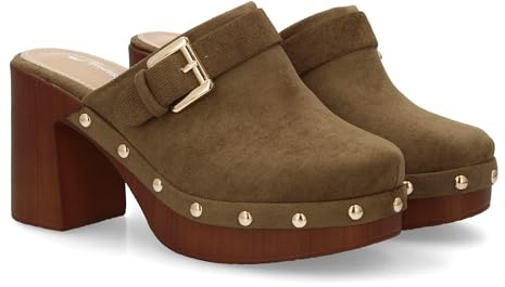 99757 Zueco de Tacon Ancho con Plataforma, Diseno Tipo Sueco para Mujer. Estilo Artesanal, Suela de Madera Sintetica, Punta Cerrada Tachuelas metalicas y Hebilla Decorativa, Primavera Verde Talla 36