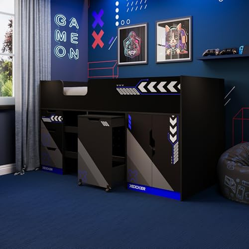 X-Rocker Octane 3ft Kids Cabin Bed Frame with Spacious Storage, Stylish Mid Sleeper Bed for Children with Gaming Desk, 3 Drawers with Slides, 2 Door Cupboard, Blue, 90x190cm