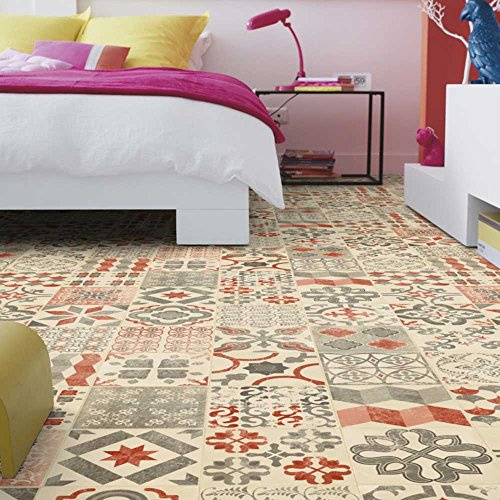 livingfloor® PVC Bodenbelag Shabby Retro Fliesenoptik Mediterran Rot 2m Breite, Länge variabel Meterware, Größe:5.00x2.00 m