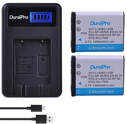 DuraPro 2Pcs 3.7V 1200mAh EN-EL10 Li-40B NP-45 Battery + LCD USB Charger for Olympus Li-42B Fujifilm NP-45 Nikon EN-EL10 D-Li63 D-Li108 NP-80 CNP80 KLIC-7006