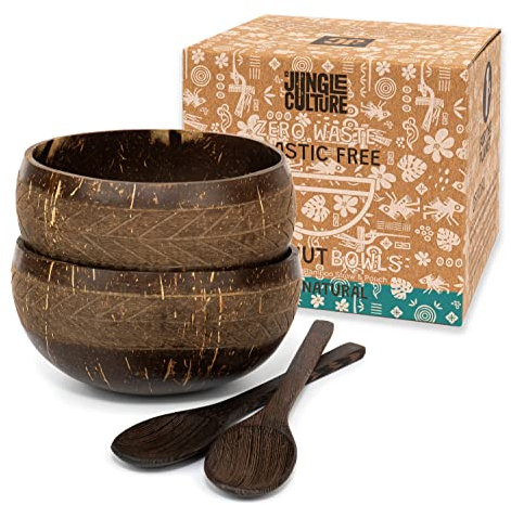 Jungle Culture® Set di 2 Ciotole in Noce di Cocco con Cucchiai, Cannuccia e Sacchetto • Ciotola de Legno per servire l'insalata, Frullati di Acai Pasta Cereali • 100% Prodotto Naturale • Coconut Bowls