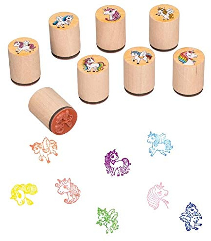 Ameisenkeks® 8 x Stempel Einhorn Stempelset 8er Set Verschiedene Motive stabil aus Holz