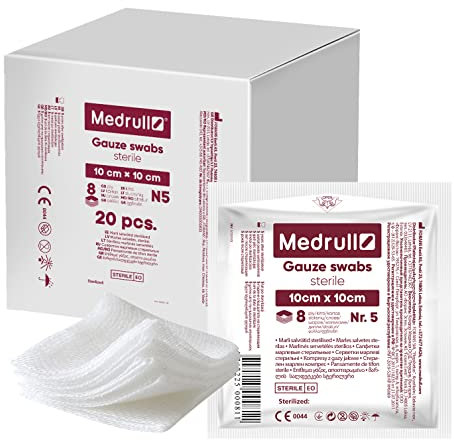 Medrull Mulltupfer Steril 10 x 10 cm Nicht klebende Wundauflagen - Extra saugfähig - 8-lagig Verpackt 5 Stück - 20 Papierbeuteln (100 Stück)