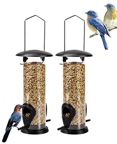 Futtersäule, ALaPon Vogelfutterspender mit 2 Futterständern Ganzjährige Nutzung Vogelfutterhaus mit 21,5 cm Massivem Transparentrohr Hängend Futterhaus vogelfuttersäule für Vögel Garden 2Stk.