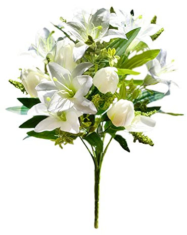 RESOYE Lot de 2 tulipes artificielles blanches pour cimetière, 39 cm en soie, décorations funéraires, bouquet de tulipes pour tombe en extérieur