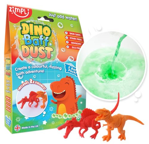 Dino Baff Dust 2 Packungen zum Baden und 2 Dinosaurier-Figuren von Zimpli Kids, magisches Badepulver mit Blasen für Kinder, Geschenk für Kinder, Dinosauriergeschenke für Jungen