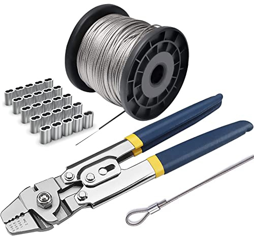 Wire Rope Crimping Tool Kit - 1/16 304 Stainless Steel Cable (165ft, 7x7 Strand) + 100 Aluminum Ferrules + Crimper for Hunting, Tether, Outdoor Decor, Picture, String Light Hanging