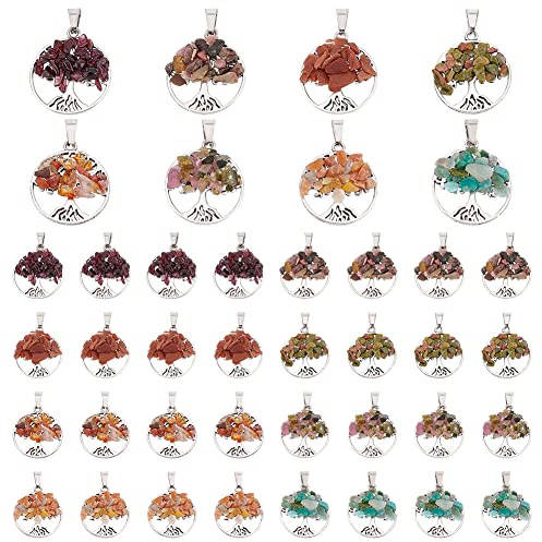 PandaHall 32pcs Baum des Lebens-Anhänger mit Edelstein-Chakra-Stein, Gemischte natürliche Kristalle, Glücksbringer Charm für Halskette und Ohrring