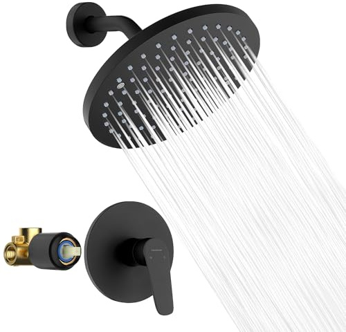 Lavatrum Mate Black Shower Head and Handle Set Single Spray Premium Wall Mount 8 Inch Rainfall Round Shower Faucet with Rough-in Valve and Trim Kit for Bathroom（1.8GPM)