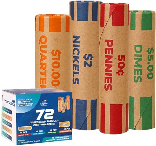 Budgetizer 72 Premium sortierte vorgeformte Münzhüllen für alle Münzen - ABA Standard Münzrollen Wrapper für Viertel, Pennies, Nickel und Dimes (72 Stück)