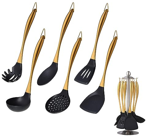 BUYER STAR Kitchen Utensil Set, 7 Pieces Silicone Cooking Utensils with Utensil Holder, Non-Scratch & Heat Resistant Cookware Tool, Ladle Pasta Server Spatula Serving Spoon Slotted Turner (Gold)