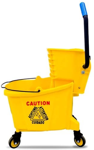 Chariot essoreuse avec 4 roues – Jaune | Seau presseur de 36 L avec précaution pour sol humide, chariot de nettoyage commercial pour entreprise, hôpitaux, école