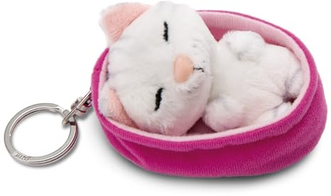 NICI Portachiavi Sleeping Pets Gatto bianco a strisce 8 cm cestino malva
