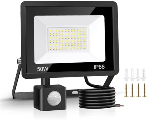 Jsdoin 50W Security Lights Outdoor Motion Sensor 4500 Lumen PIR Security Light 6500K LED Floodlights IP66 Waterproof Outside Daylight Wall Light with 2M Cable for Garage Garden Hallway Backyard