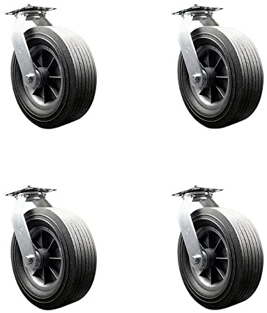BBQ Smoker Grill Flat Free All Terrain Caster Wheel Set – 10 Inch Easy Roll, No Flat, Maintenance Free Solid Rubber Wheels–Industrial Grade–4 Swivel Casters with Bolt-On Locks–Set of 4– Service Caster