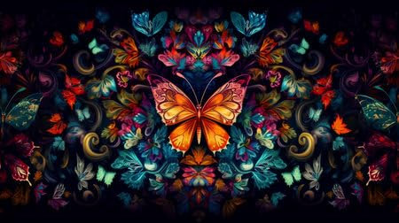 adrium Holz-Bild 130 x 70 cm: Abstrakter fraktaler Hintergrund mit Schmetterling und Blumen. Computergenerierte Grafiken. (201405582)