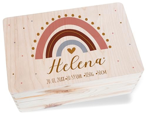 Holz Erinnerungsbox Baby Geschenkbox Holzkiste Baby - Regenbogen mit Name und Geburtsdaten Geschenk Mädchen I - 30 x 20 x 14 - Holz - errinerungskiste zur geburt personalisiertes baby-geschenk