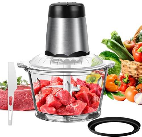 Banas 2L Mini Chopper with Glass Bowl, 2 Speed Ajustable Electric Meat Grinder with 4 Durable Blades, Stainless-Steel Food Processor and Blender for Meat, Vegetables, Fruit Cutter