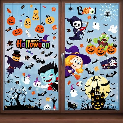 Halloween Vetrofanie Addobbi,Halloween133Pcs Decorazioni Riutilizzabile a Doppio Lato AdesivI per Finestre Pipistrello Ragno Strega Castello di Zucca per Halloween Party(9 Fogli)