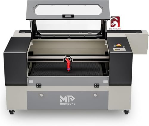 Monport 100W CO2 Laser Graviermaschine, Kommerzieller Co2 Laser Cutter mit Doppeltem Arbeitstisch,PassThrough zum Gravieren großer Projekte, Autofokus 700x500mm CO2 Laser mit Rollen für Glas Holz usw.