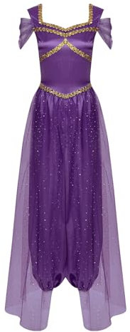 Linjinx Damen Bauchtanz Kostüm Prinzessin Kostüm Einteilig Jumpsuit Overall Tanzkleid mit Tüll Halloween Karneval Fasching Kostüm Dunkelviolett XXL