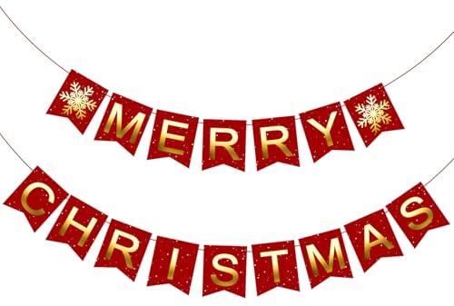 Weihnachtsbanner mit Aufschrift Merry Christmas, rote Weihnachtsgirlande, Weihnachtsdekoration, Partyzubehör für drinnen und draußen, für Urlaub, Zuhause, Büro, Klassenzimmer, Kamin und mehr
