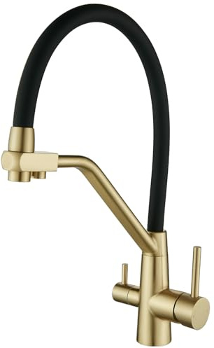 3 Way Kitchen Sink Tap for Filter Water Purifier, 3 in 1 Kitchen Sink Mixer | Drinking Filtered Water Outlet, 2-Lever Sink Mixer Taps with Flexible Spout, Stainless Steel, Brushed Gold