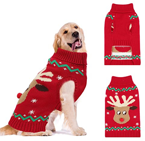 HYLYUN Hundepullover Weihnachten, Hundekleidung, Weihnachtskostüm Hund, L | Leinenöffnung für Spaziergänge, Rentier- & Schneeflockenmotiv, Rollkragen, Warme Haustier Pullover, Maschine kalt gewaschen