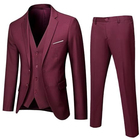 Herren Taillierter 3-teiliger Anzug Herren 3-teilig Slim Fit Formeller Anzug Formeller Business Blazer Weste Hosen Set und Flatfront Hose Bequemer Anzug für Hochzeiten und Meetings, rot, 4XL