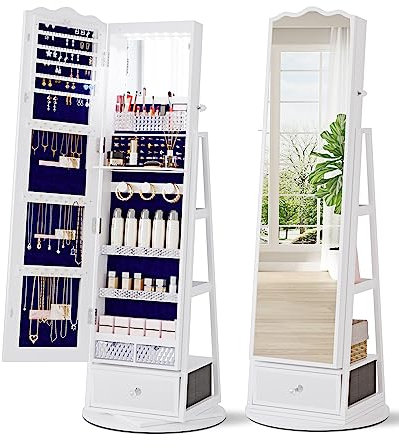 FREDEES Vollspiegel Schmuckschrank: 360° drehbarer Schmuckschrank mit LED-Lichtern, Integrierter Schminkspiegel, Abschließbarer Stehender Schmuckorganizer mit Großem Stauraum, Weiß
