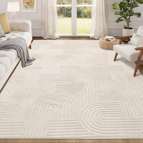 Enyhom Machine Washable Rugs for Living Room, 140 x 200 cm Non Shedding Area Rugs for Bedroom Soft High Pile Rugs Non Slip Carpet Large Fluffy Rug Carpet Mat for Office Dining Room Lounge, Beige