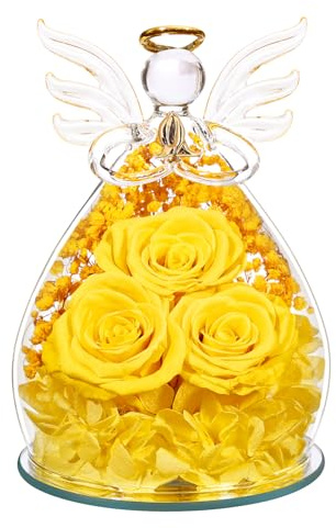 Beferr Angel Gifts for Women Preserved Real Rose Birthday Gift for Women Eternal Rose in Glass Angel Figurines Gifts for Mum Grandma Wife Girlfriend on Christmas Valentine Anniversary Yellow