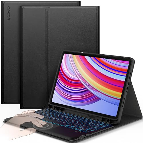 CACOE Funda Teclado Compatible con Redmi Pad Pro 12.1 / Xiaomi Poco Pad 12.1 2024 Compatible con Touchpad, Iluminación de 7 Colores Teclado QWERTY Inalámbrico Desmontable, Negro
