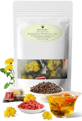 ZenVitality® Organic Dandelion Wolfberry Tea Bags Natural Support Kidney & Liver, Detox & Wellness Tea With Chrysanthemum, Goji Berry, Gardenia, Cassia Seed, Orange Peel, Dandelion Leaf Tea 120g