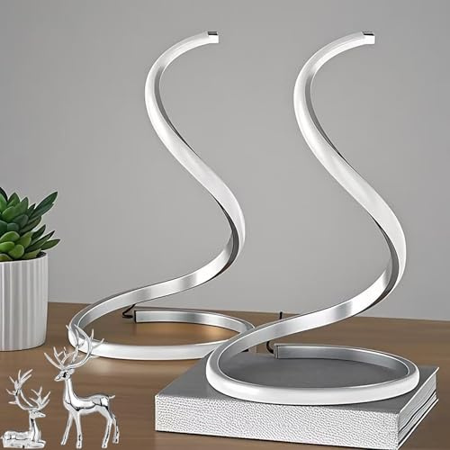 (2pcs) Decorative Table Lamp, Miniature Bedside Lamp, 3 Colors Temperature Dimmable LED Modern Spiral Style for Modern Bedroom, Living Room and Office Lighting and Decorative Arc Art (19*19*34 Silver)