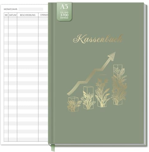 BIROYAL Kassenbuch A5, Übersichtlich & Logisch Strukturiert, Grün | 120 Seiten Haushaltsbuch mit 120g Stabiles Papier, Ausreichend Platz für Einnahmen & Ausgaben, Ideal für Kleinunternehmer