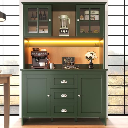 KUAKE Küchenschrank, Sideboard mit LED-Beleuchtung,Hochschrank Küchenbuffet mit 4 Türen und 3 Schubladen Buffetschrank,Großer Stauraum,für Küche, Wohnzimmer, Esszimmer 120 x 40 x 179 cm