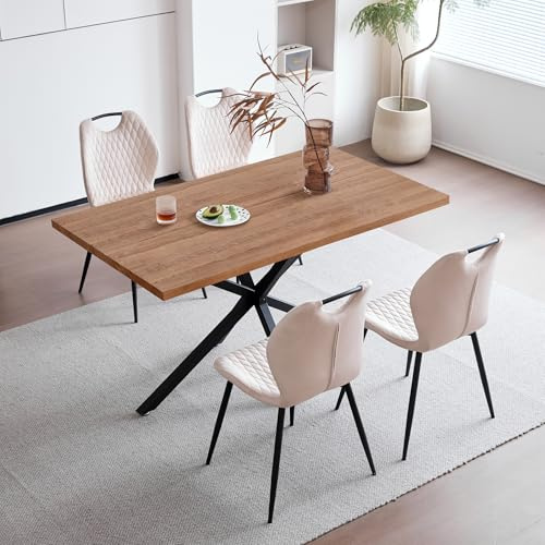 JZGORC Esstisch mit 4 Stühlen Esszimmer-Set,140 * 78 * 77 cm Rechteckiger Esstisch aus Holz,4 Stühle mit hoher Rückenlehne, Schwarze Meta-Beine,Dunkelbraun Tisch+Beige Stühle