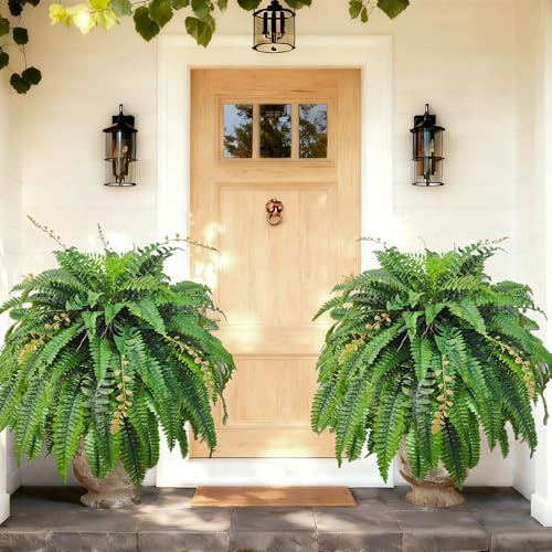 Cherica 2pcs 48in 88 Blades Artificial Boston Ferns for Outdoors Large, UV Resistant Faux Outdoor Plants,Weatherproof Fake Ferns Plants Outdoor Indoor for Garden Porch Patio Home Decor