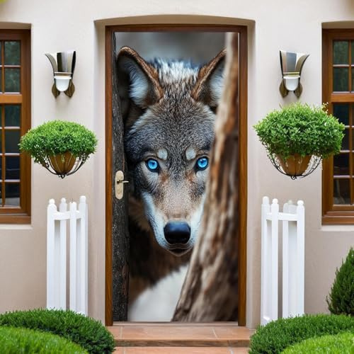 Brown Türaufkleber Tier Grauwolf 95x210 cm Türtapete Selbstklebend Vinyl Türfolie Wandtapete Türdeko für Wohnzimmer Schlafzimmer Küche Bad