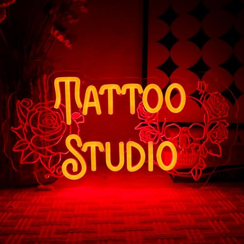 OYCGZV Tattoo Studio Neon Sköld Tatuering Neonskylt Vägg Röd Neon Sign USB Dimbar skelett LED-skylt för tatuering Studio Party Lekzon Bar Mangrotta Pub Butik